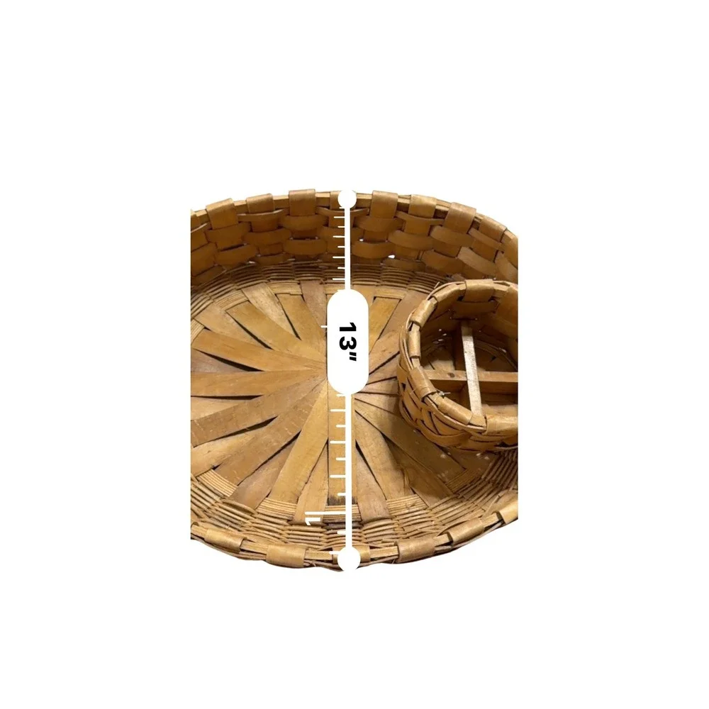 Handcrafted Woven Wood Chip and Dip Basket Oval Serving Tray Leather Handles